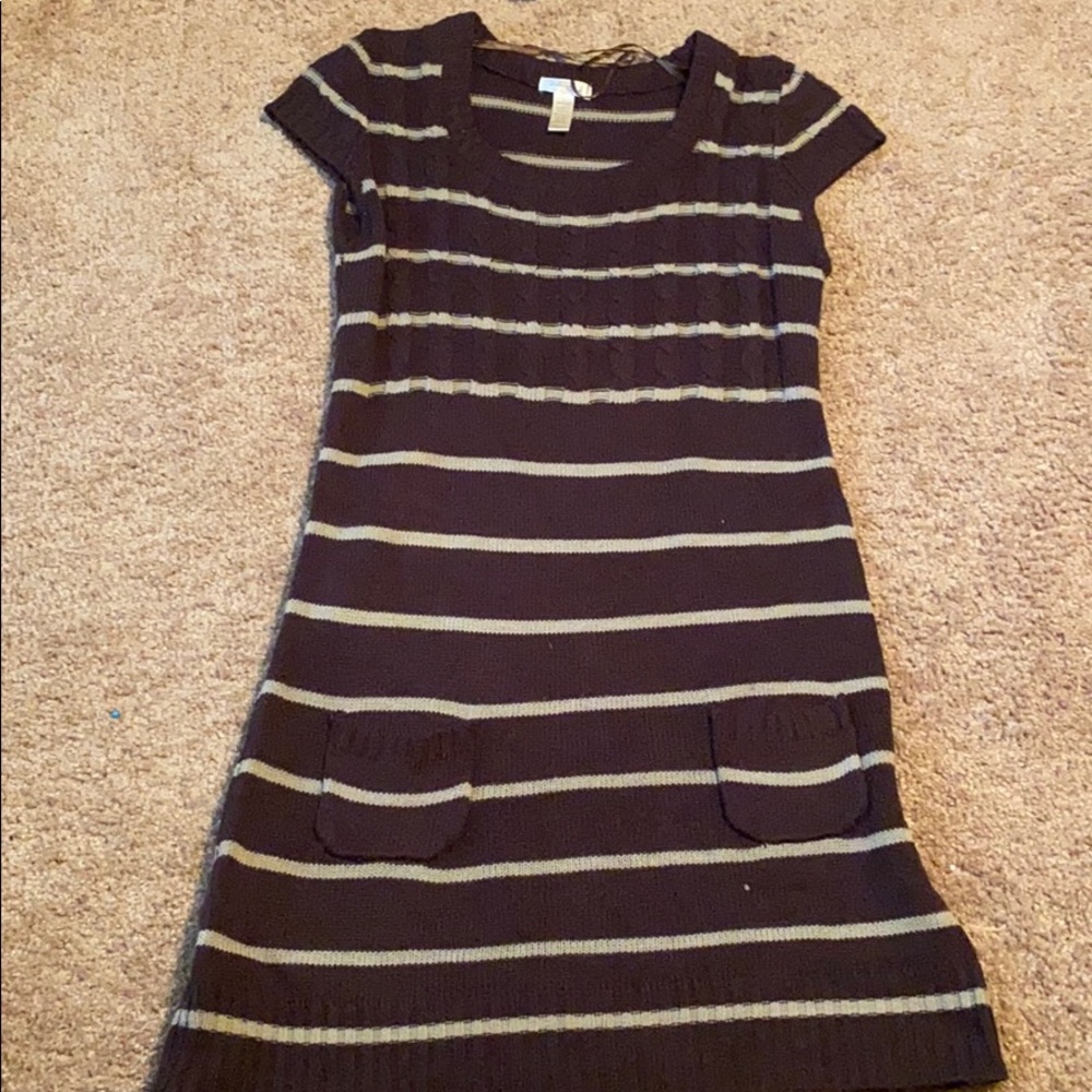 Chocolate brown sweater dress with cream stripes